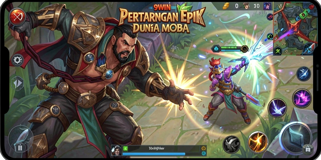 Tampilan screenshot 9WIN menampilkan pertarungan tim yang seru di arena MOBA.
