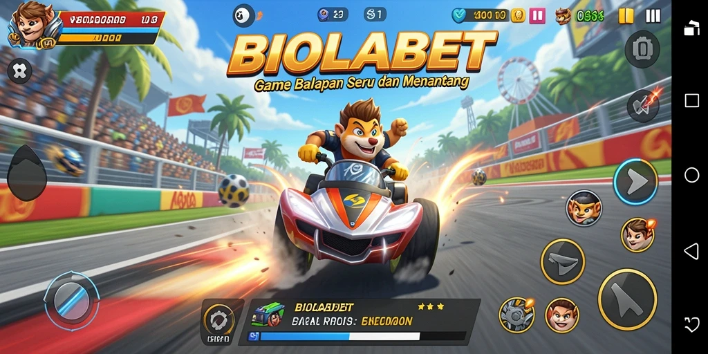 Tampilan gameplay BIOLABET memperlihatkan aksi balapan yang mendebarkan dan kendaraan keren.