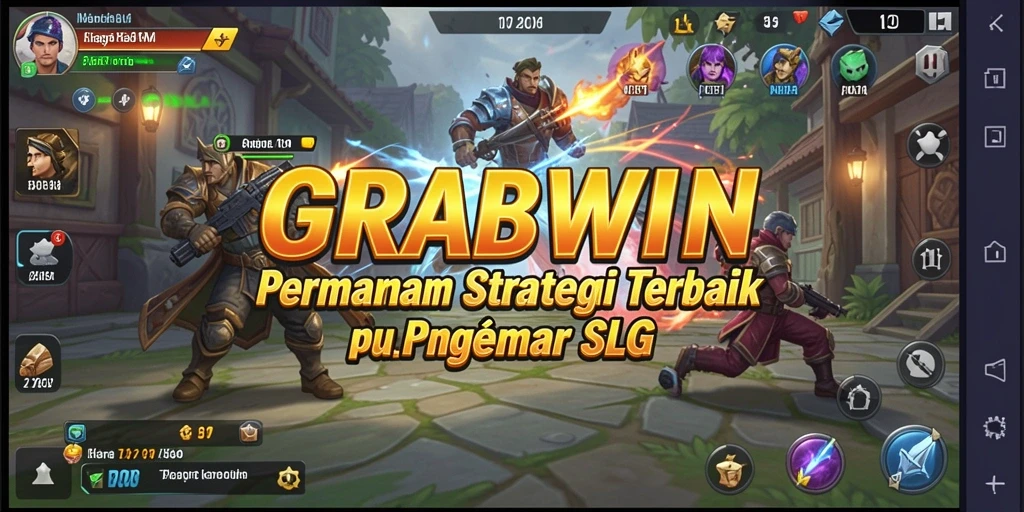 Tangkapan layar utama gameplay GRABWIN menampilkan pertempuran strategi yang seru.