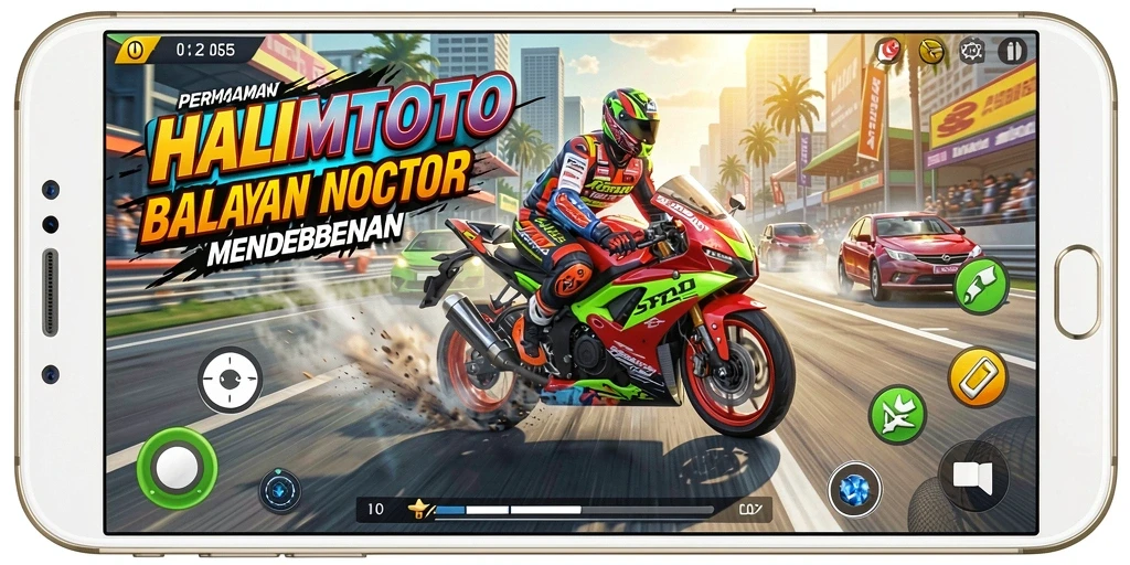Tangkapan layar gameplay menunjukkan balapan motor yang mendebarkan di HALIMTOTO.