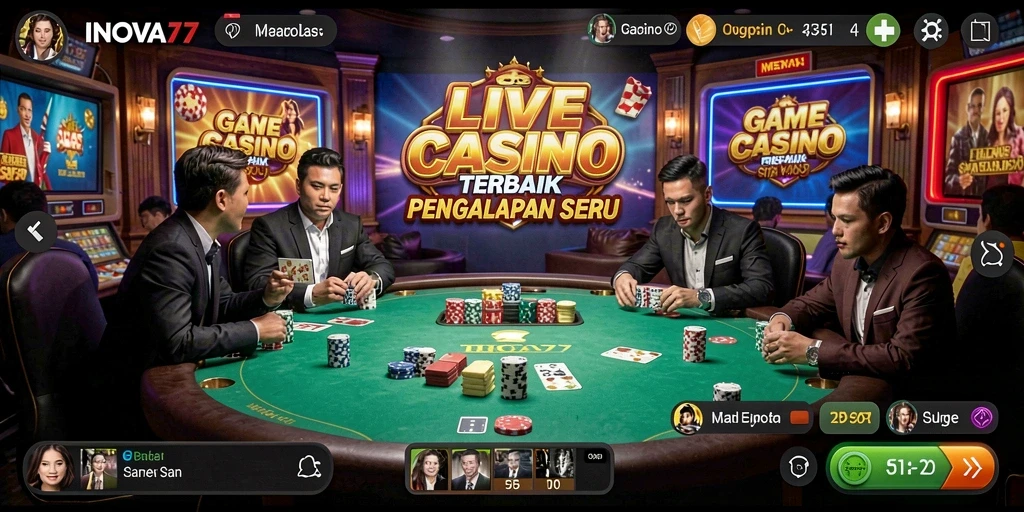 Screenshot INOVA77 menunjukkan dealer dan pemain dalam suasana kasino yang autentik.