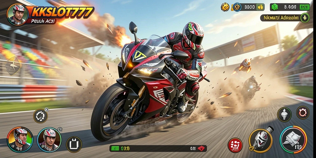 Tampilan gameplay KKSLOT777 yang menampilkan aksi balapan motor cepat.