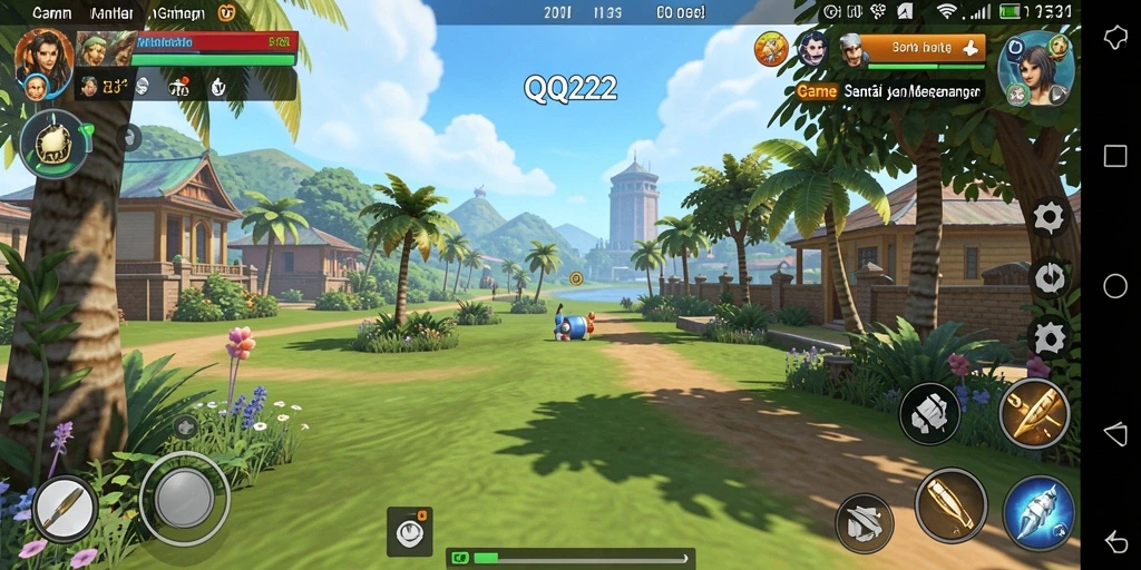 Tampilan gameplay QQ222 dengan karakter yang ceria dan latar belakang yang menarik.