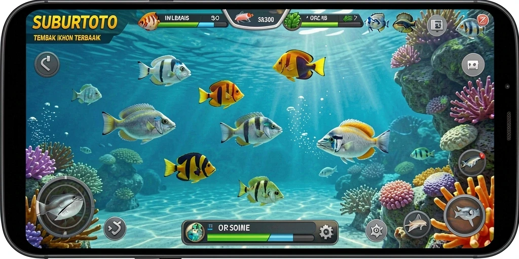 Tampilan gameplay SUBURTOTO dengan aksi menembak ikan yang penuh warna.
